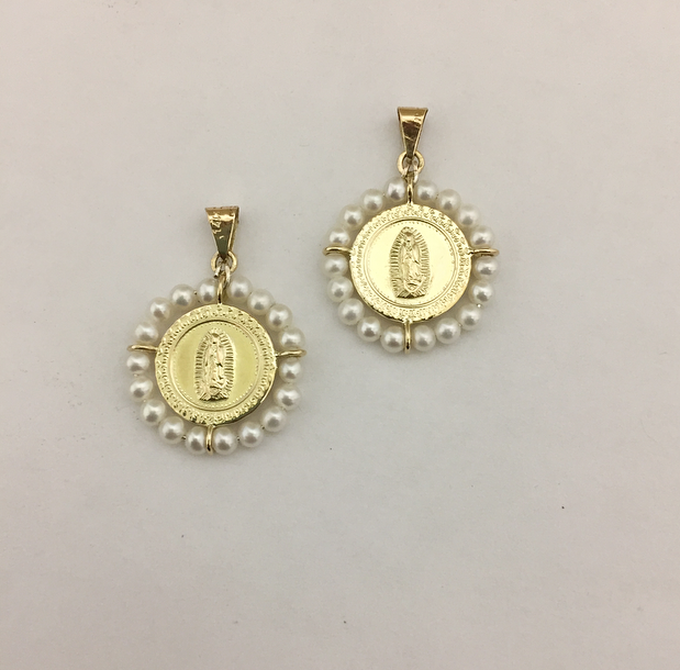 Medalla Virgen de Guadalupe #0 redonda con perlas con barra de oro 14k