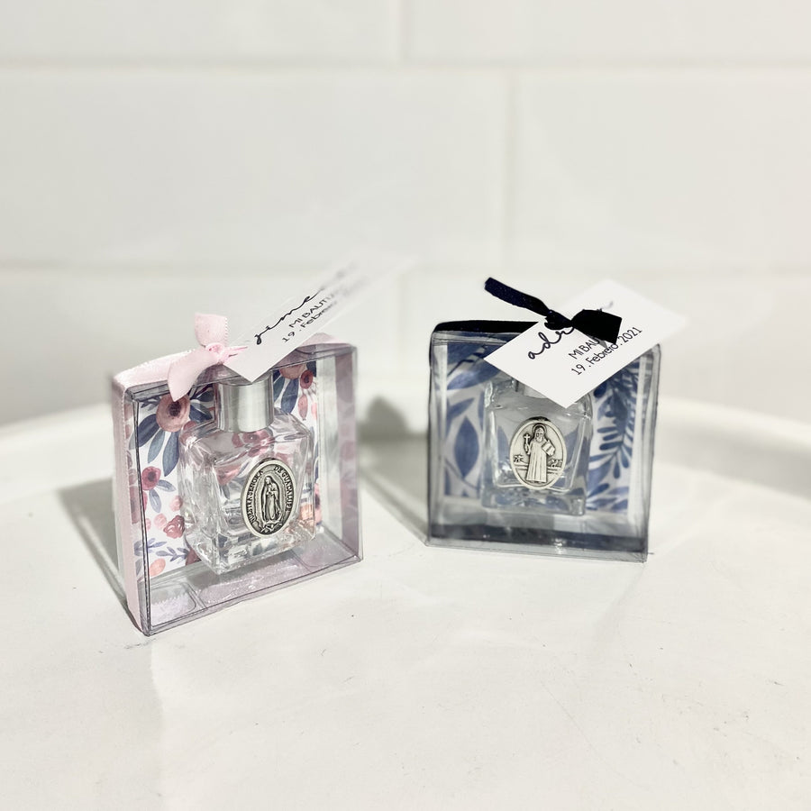 Botellita para agua bendita en caja y tarjeta con nombre paquete de 10 piezas