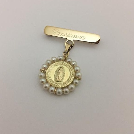 Medalla Virgen de Guadalupe #0 redonda con perlas con barra de oro 14k