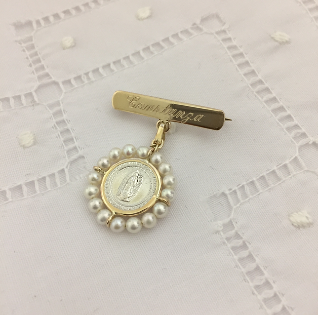 Medalla biselada Virgen de Guadalupe #0 redonda con barra de plata u oro y perlas