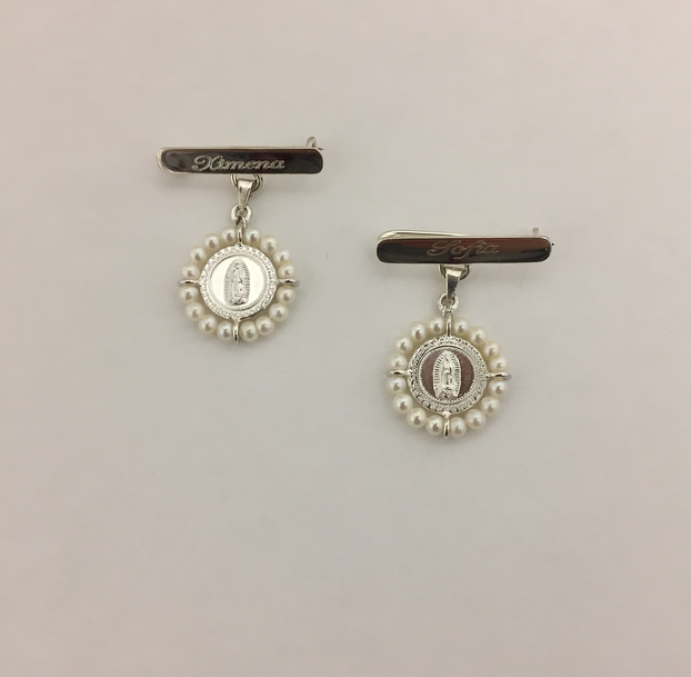 Medalla Virgen de Guadalupe #0 redonda u oval con barra de plata y perlas