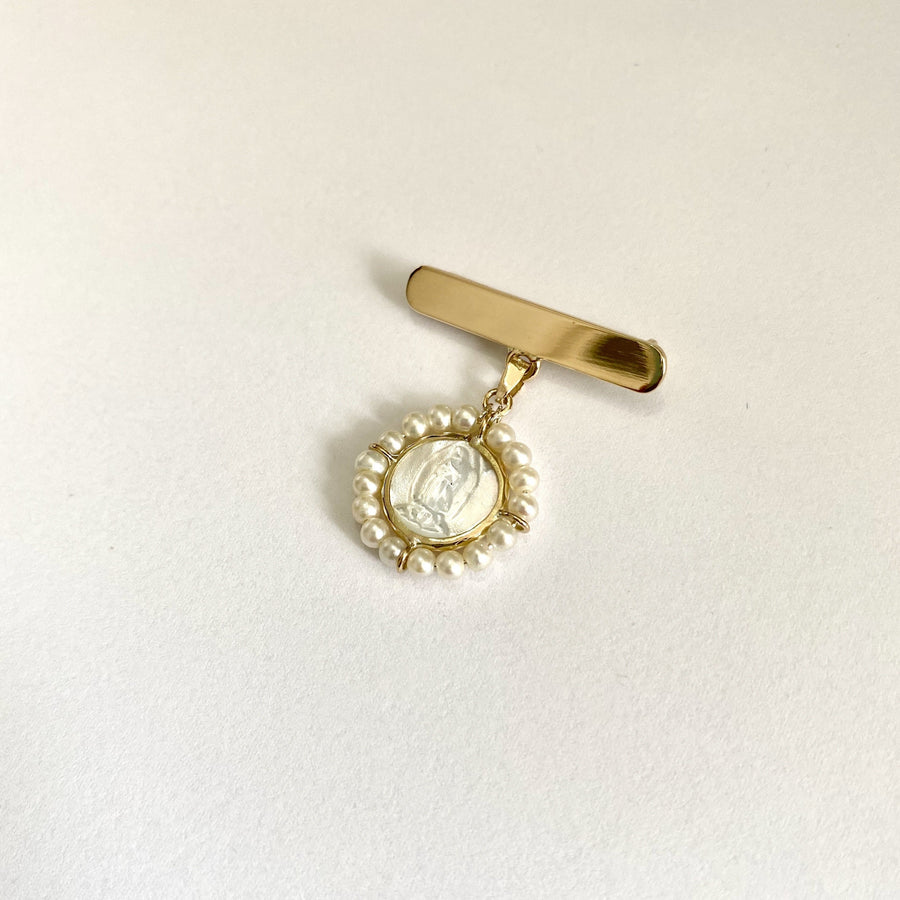 Medalla de Madre Perla Virgen de Guadalupe #0 Bisel de Oro 14k con perlas y barra de oro 14k