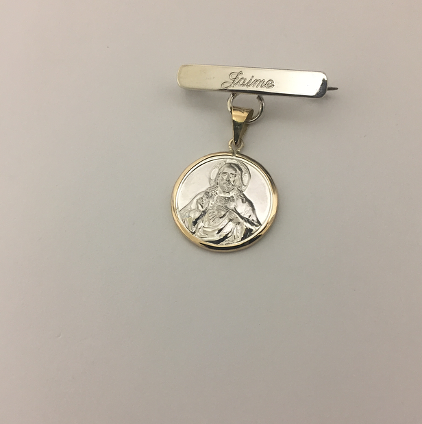 Medalla biselada Sagrado Corazón de Jesús Chica con barra de plata