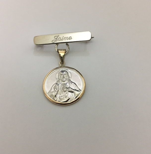 Medalla biselada Sagrado Corazón de Jesús Chica con barra de plata