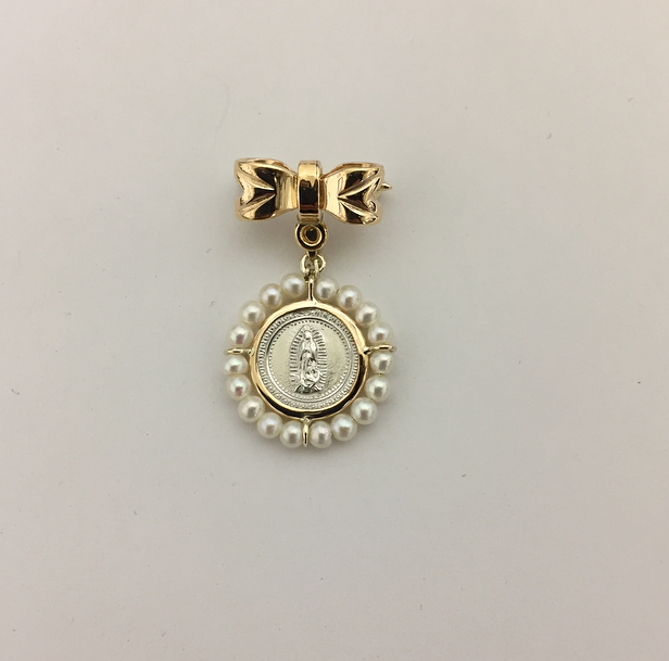 Medalla con moño de oro Virgen de Guadalupe #0 redonda u oval con perlas