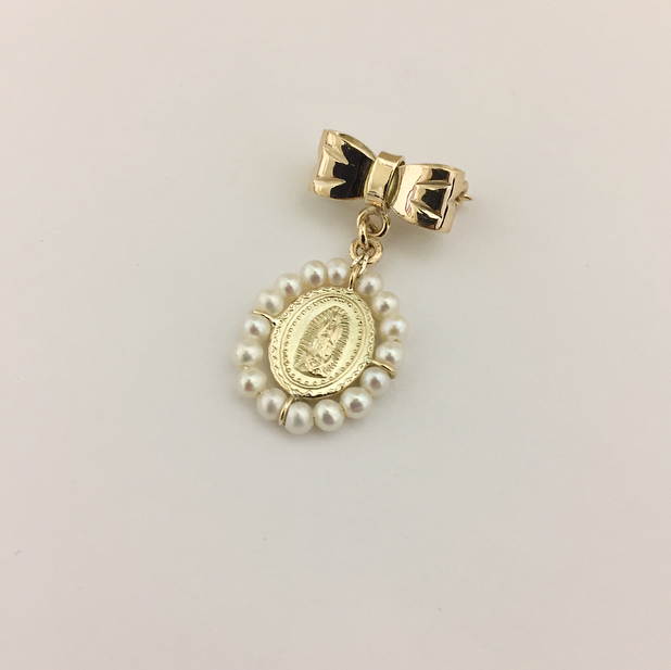 Medalla de oro con moño de oro Virgen de Guadalupe #0 ovalada con perlas