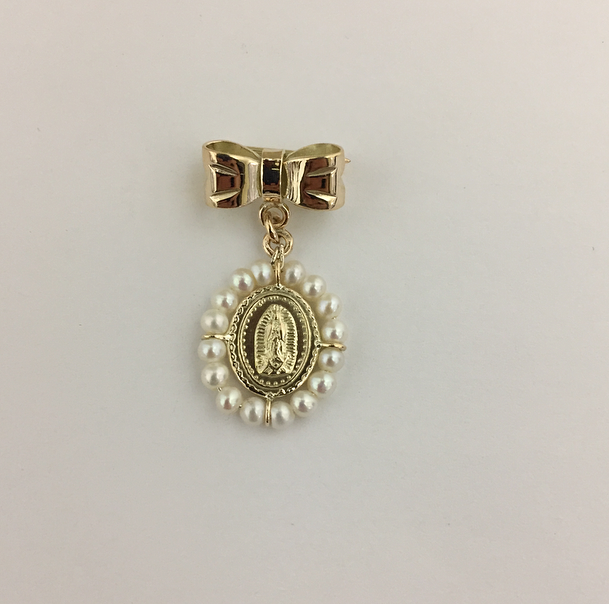 Medalla de oro con moño de oro Virgen de Guadalupe #0 ovalada con perlas