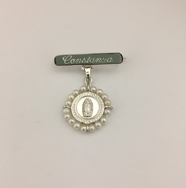 Medalla Virgen de Guadalupe #0 redonda u oval con barra de plata y perlas