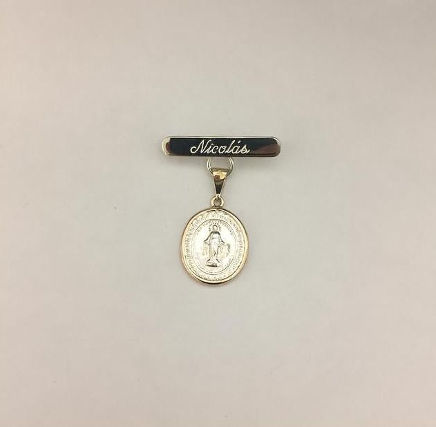 Medalla biselada Virgen Milagrosa Mini con barra de plata